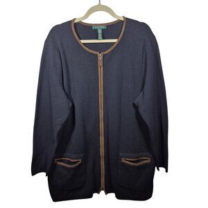 Lauren Ralph Lauren Sweater Womens 2X Black Cotton Knit Full Zip Equestrian